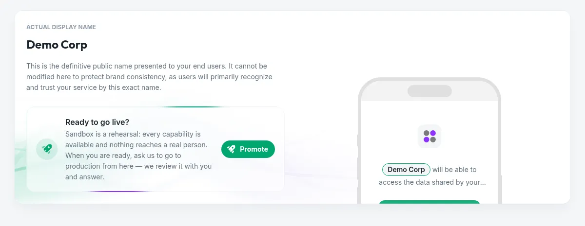 The Ready to go live invitation on the General settings of an application in the Console, with the Promote button