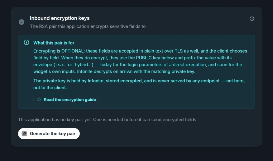 The Inbound encryption keys card before a pair exists: the explanation of what the pair is for, the note that the application has no key pair yet, and the Generate the key pair button highlighted