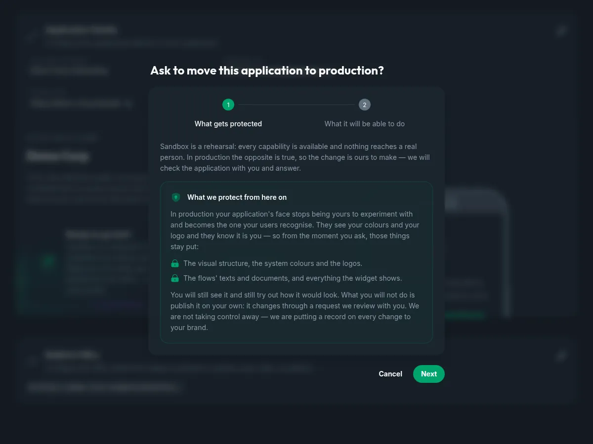 Step one of the promotion request: what we protect from here on — the visual structure, the system colours and the logos, and the flows' texts and documents