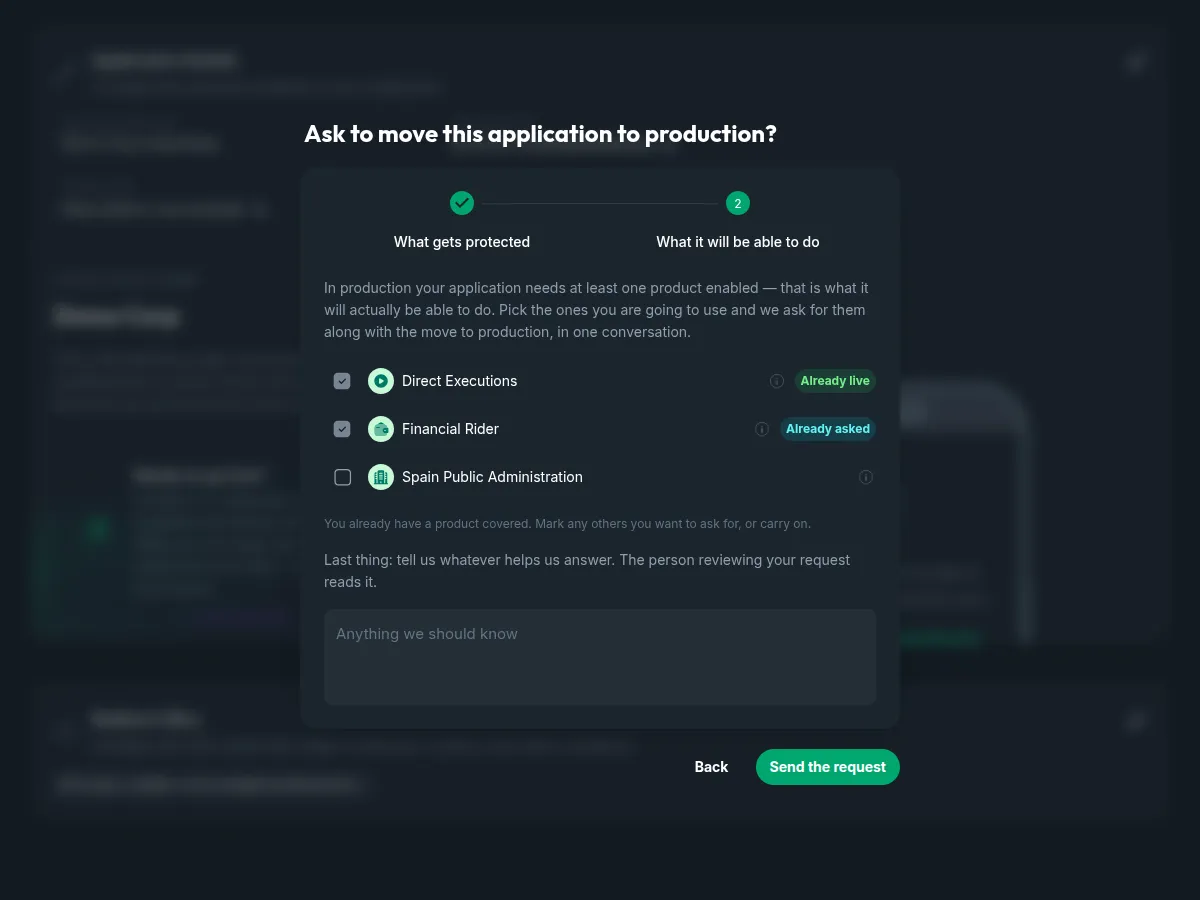 Step two of the promotion request: the list of products with checkboxes, those already live or already asked for marked as such, and an optional message field