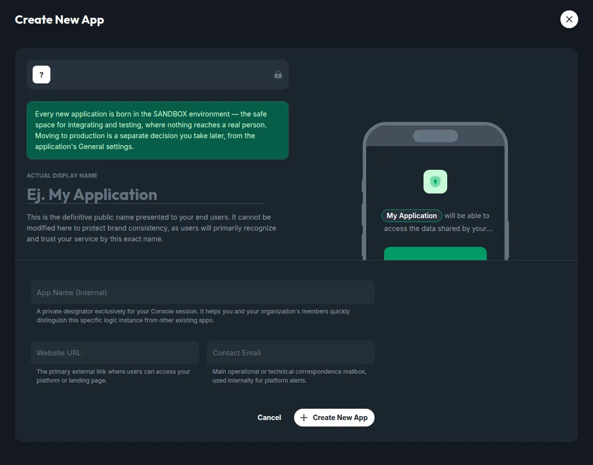 The Create New App sheet in the Console: the logo placeholder, the note that every application is born in the sandbox, the public display name with a live preview of the consent screen on a phone, and the fields for the internal name, website and contact email