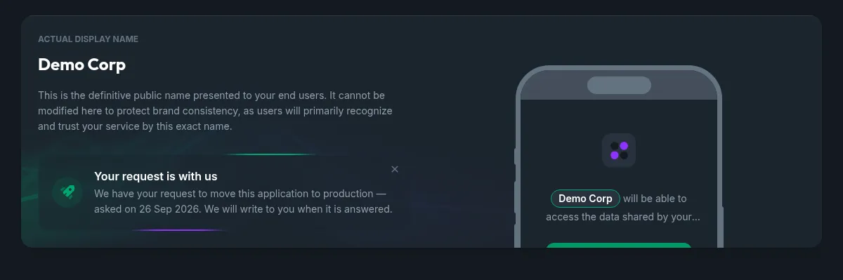 The same card once the request is open: Your request is with us, the date it was asked, and a discreet close button to withdraw it