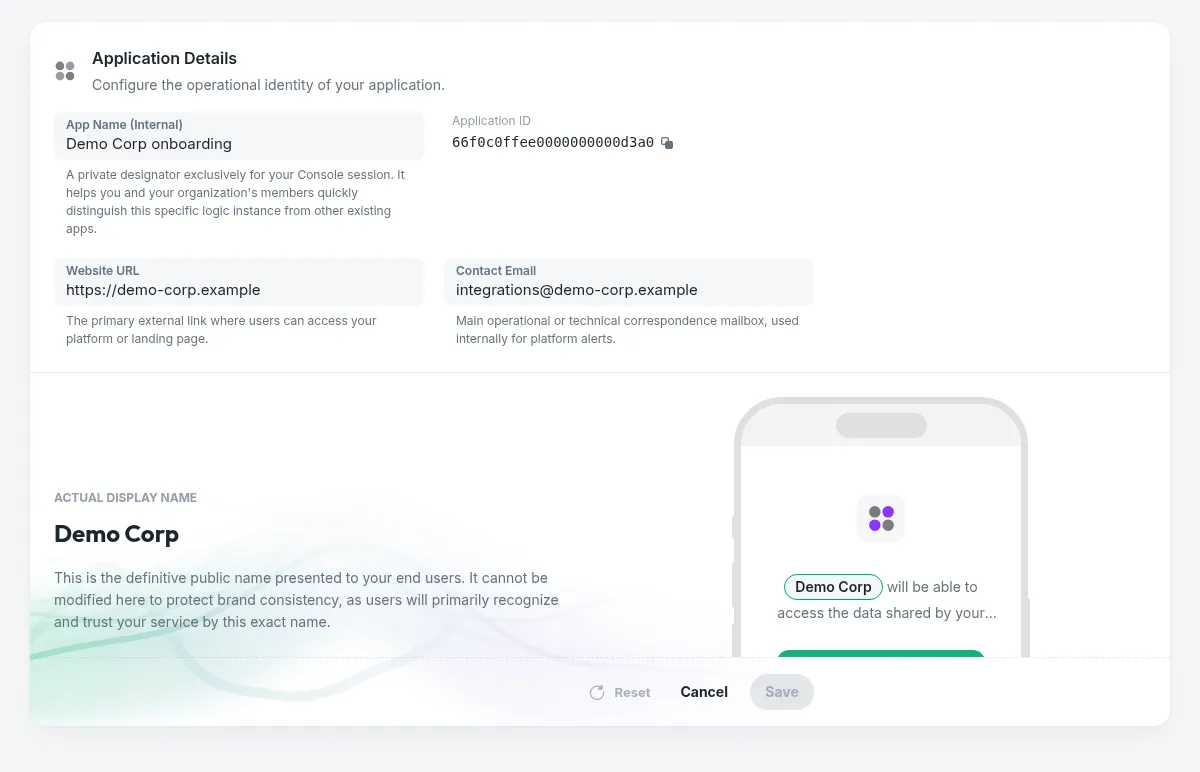 The Application Details card open for editing: the internal app name, the read-only Application ID with its copy button, the website URL and the contact email, with the frozen public display name below