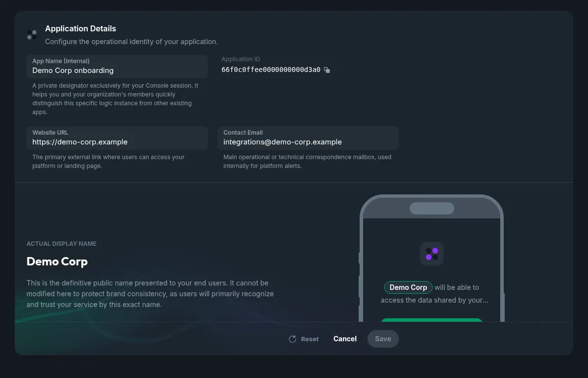 The Application Details card open for editing: the internal app name, the read-only Application ID with its copy button, the website URL and the contact email, with the frozen public display name below