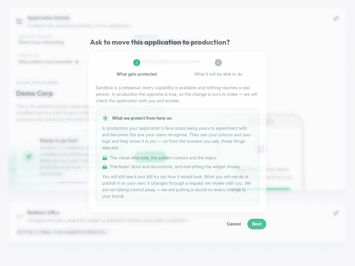 Step one of the promotion request: what we protect from here on — the visual structure, the system colours and the logos, and the flows' texts and documents