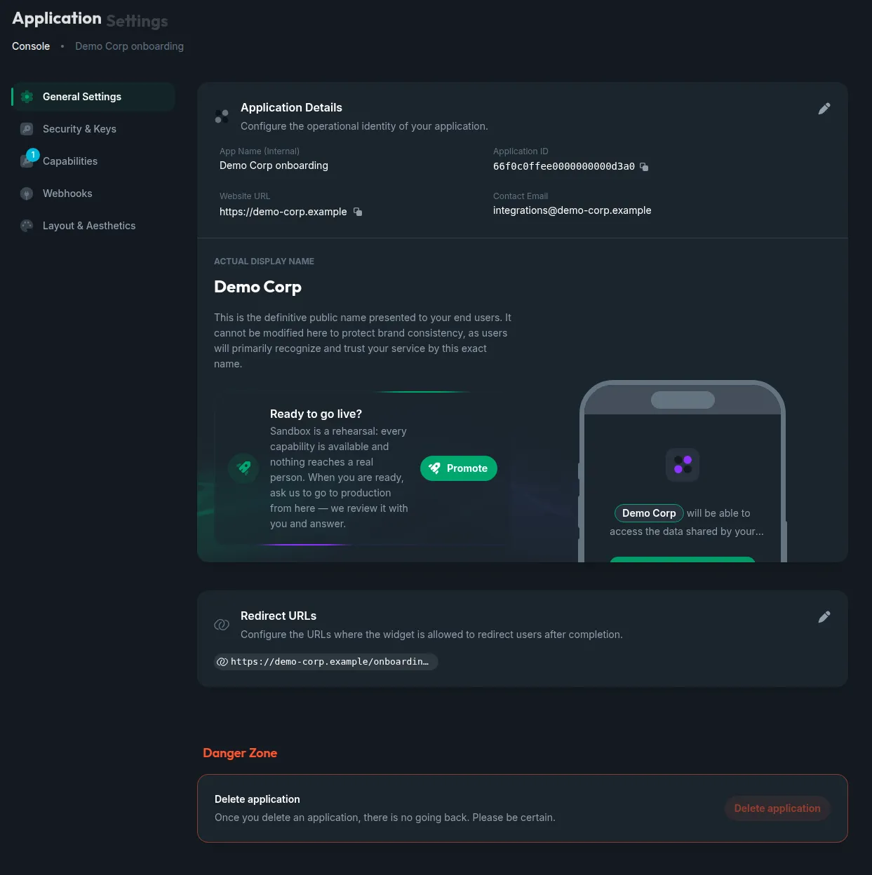 The App Settings screen of the Console: the five sections down the left — General Settings, Security & Keys, Capabilities with a badge, Webhooks and Layout & Aesthetics — and the General section showing the application details, the frozen public name with the widget preview, the redirect URLs and the danger zone