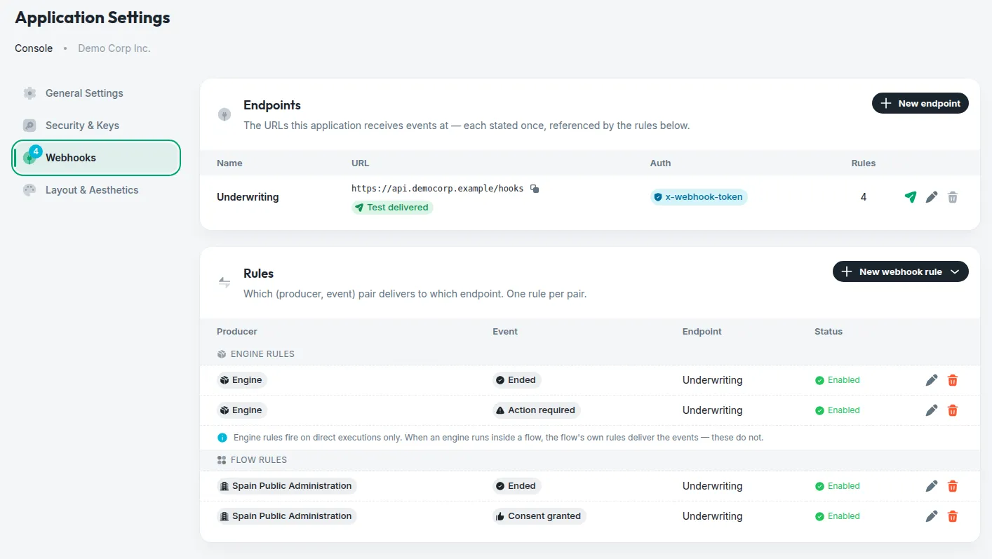 Application Settings in the Console, with the Webhooks tab selected: the Endpoints card above and the Rules card below