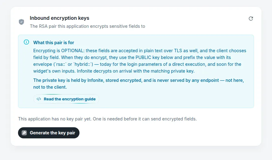 The Inbound encryption keys card before a pair exists: the explanation of what the pair is for, the note that the application has no key pair yet, and the Generate the key pair button highlighted