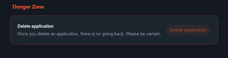 The danger zone at the foot of the General section: Delete application, with the warning that there is no going back