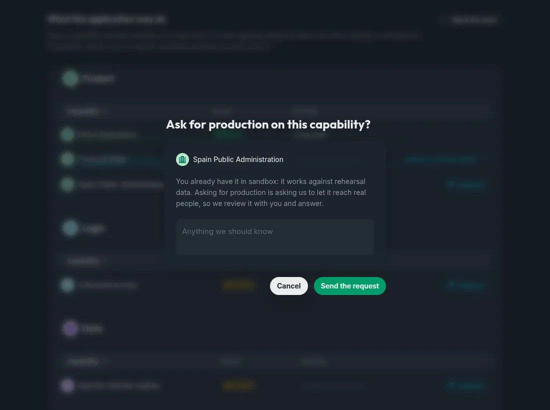 The request dialog over the Capabilities screen: the capability being asked about, an explanation of what production reach means, and an optional message field