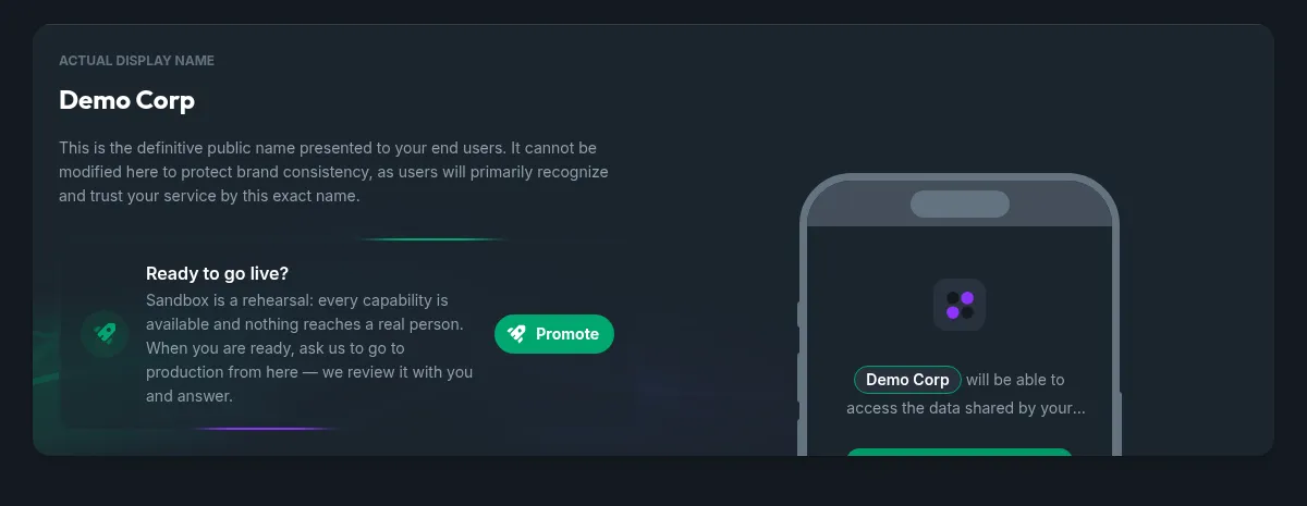 The Ready to go live invitation on the General settings of an application in the Console, with the Promote button