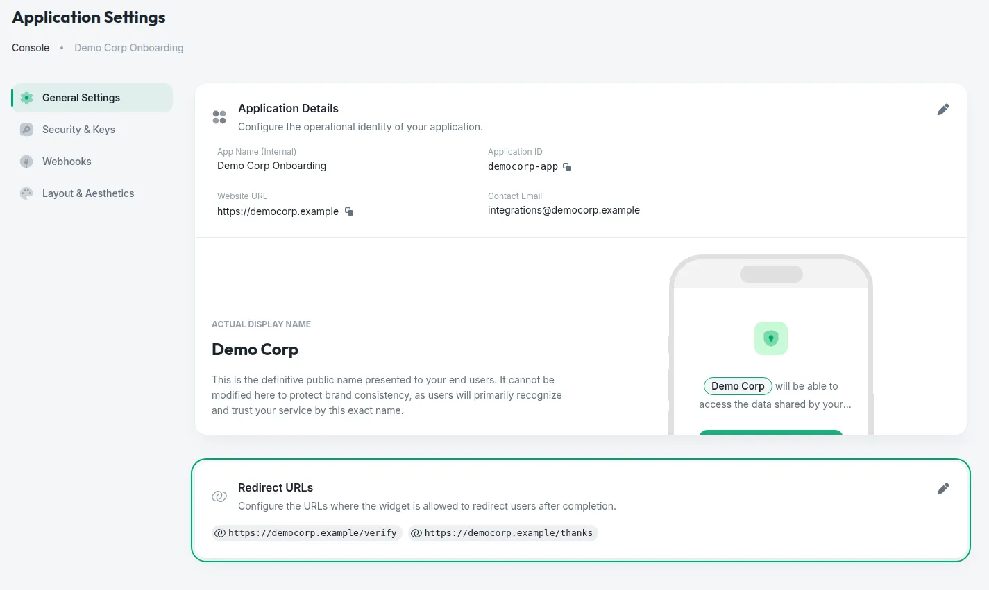 Application Settings in the Console, on the General Settings tab, with the Redirect URLs card highlighted below the application's details
