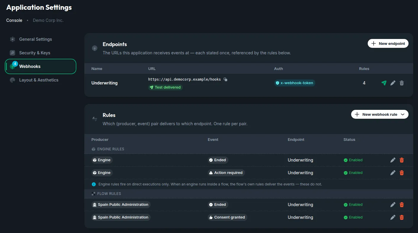 Application Settings in the Console, with the Webhooks tab selected: the Endpoints card above and the Rules card below