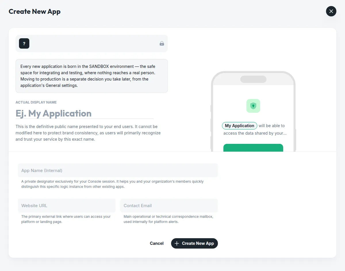 The Create New App sheet in the Console: the logo placeholder, the note that every application is born in the sandbox, the public display name with a live preview of the consent screen on a phone, and the fields for the internal name, website and contact email
