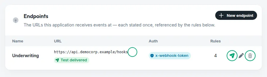 The same card, with the test-delivery action on an endpoint highlighted and its last result beside it