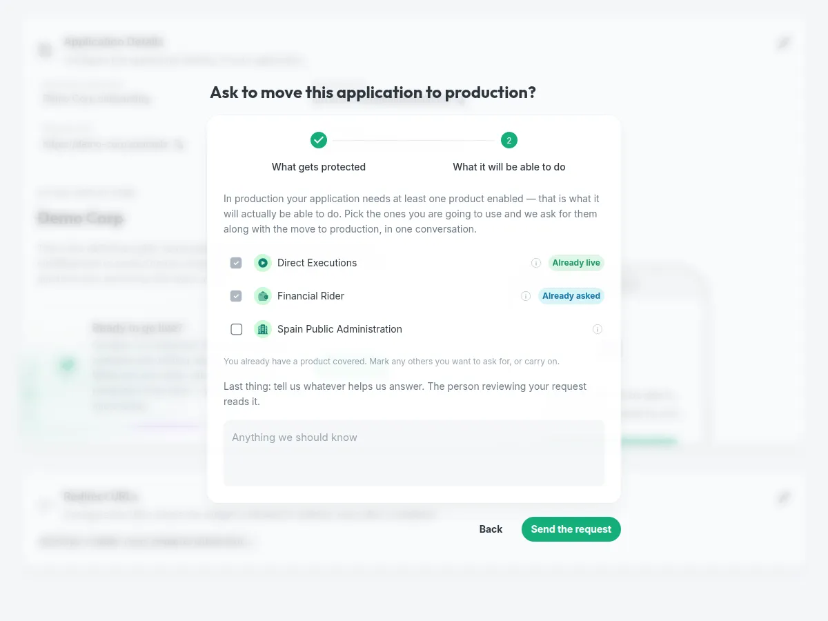 Step two of the promotion request: the list of products with checkboxes, those already live or already asked for marked as such, and an optional message field