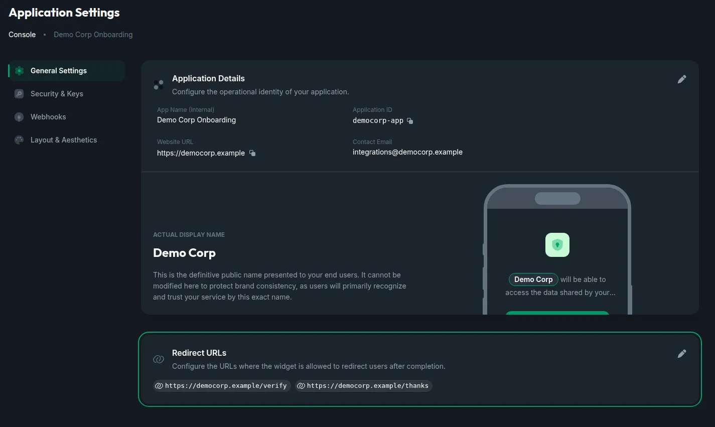 Application Settings in the Console, on the General Settings tab, with the Redirect URLs card highlighted below the application's details