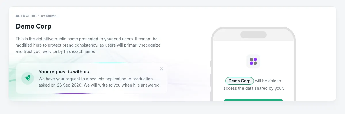 The same card once the request is open: Your request is with us, the date it was asked, and a discreet close button to withdraw it