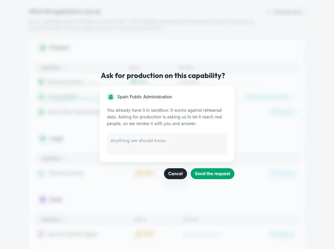 The request dialog over the Capabilities screen: the capability being asked about, an explanation of what production reach means, and an optional message field